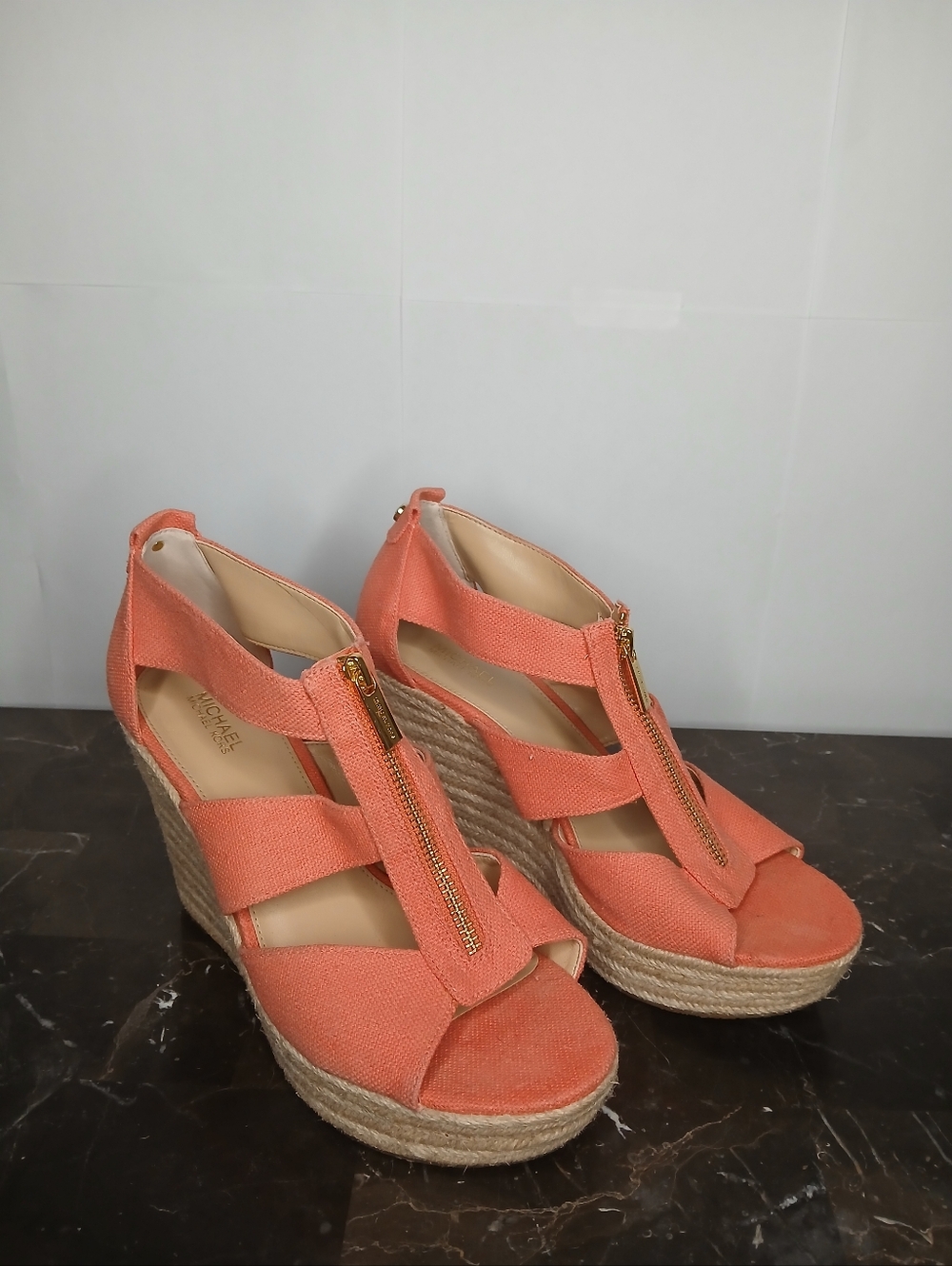 Michael Kors Coral Canvas Espadrille Wedge Sandals with Gold Zip